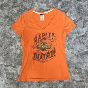 Harley Davidson Orange V Neck T-Shirt Women Size L Rommel Annapolis MD